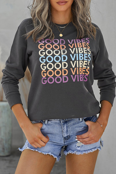 Gray Good Vibes Graphic Pullover Sweatshirt