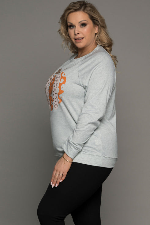 Gray Halloween Pumpkin Leopard Print Plus Size Sweatshirt