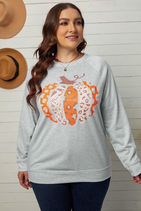 Gray Halloween Pumpkin Leopard Print Plus Size Sweatshirt