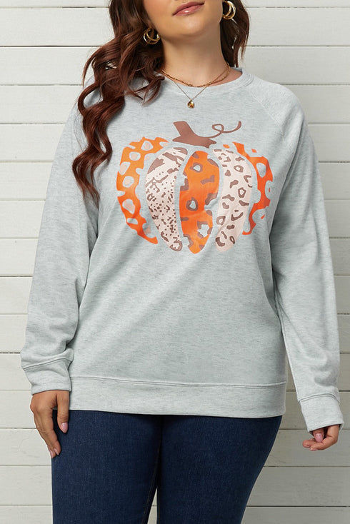 Gray Halloween Pumpkin Leopard Print Plus Size Sweatshirt