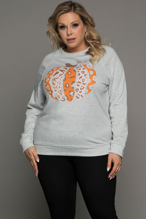 Gray Halloween Pumpkin Leopard Print Plus Size Sweatshirt