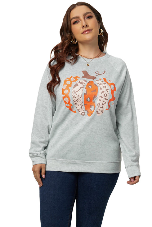 Gray Halloween Pumpkin Leopard Print Plus Size Sweatshirt