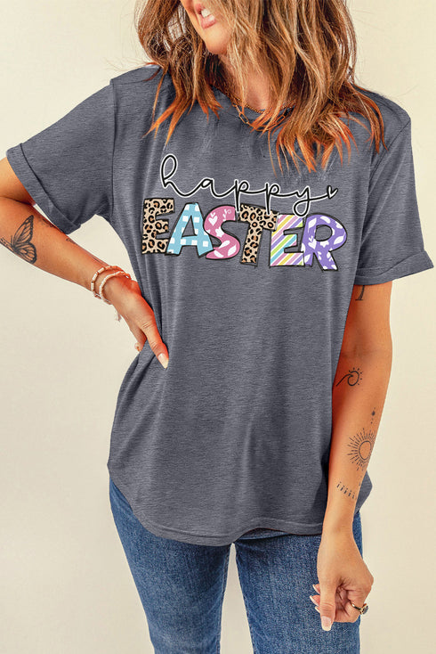 Gray Happy EASTER Lettering Graphic Crewneck Tee