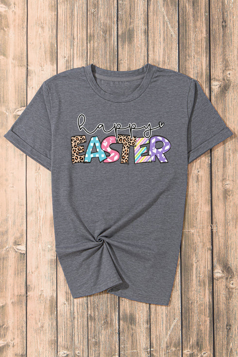 Gray Happy EASTER Lettering Graphic Crewneck Tee