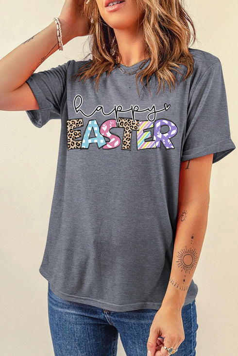 Gray Happy EASTER Lettering Graphic Crewneck Tee