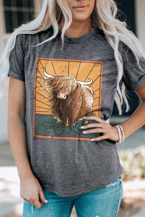 Gray Heifer Wild Land Western Fashion Graphic Tee