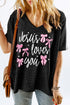 Gray Jesus Loves You Bow Knot Print V Neck Waffle Knit Loose T Shirt
