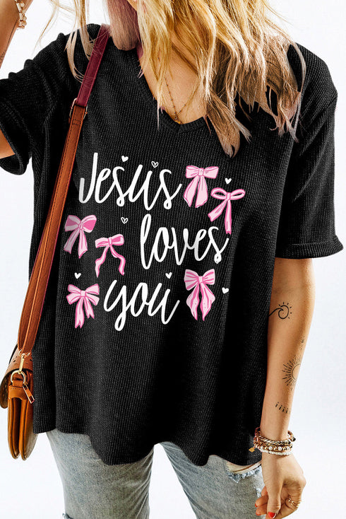 Gray Jesus Loves You Bow Knot Print V Neck Waffle Knit Loose T Shirt