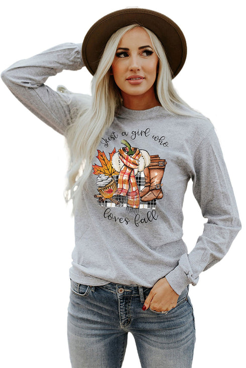Gray Just A Girl Who Loves Fall Graphic Print Long Sleeve Top
