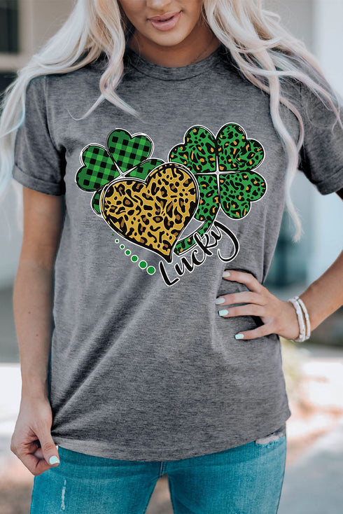 Gray Leopard Plaid Heart Clover Graphic Print Short Sleeve T Shirt