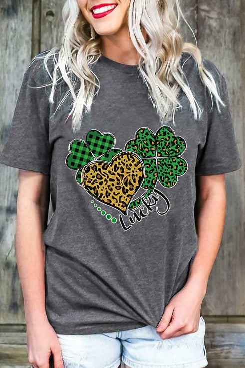 Gray Leopard Plaid Heart Clover Graphic Print Short Sleeve T Shirt