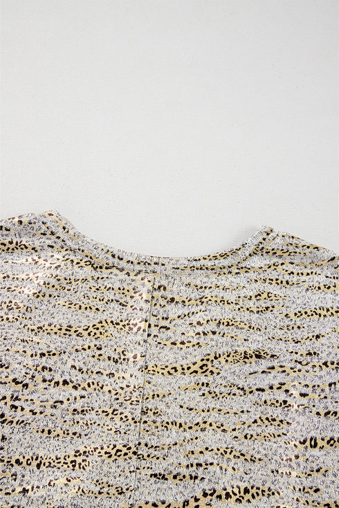 Gray Leopard Print Half Sleeve V Neck Loose Fit T Shirt