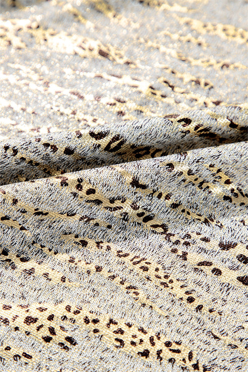 Gray Leopard Print Half Sleeve V Neck Loose Fit T Shirt