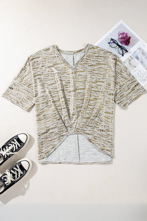 Gray Leopard Print Half Sleeve V Neck Loose Fit T Shirt
