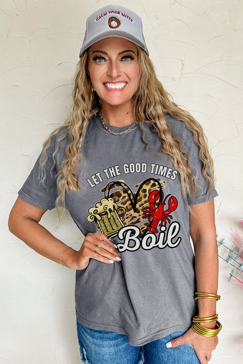 Gray Let The Good Times Boil Crawfish Leopard Heart Graphic Tee