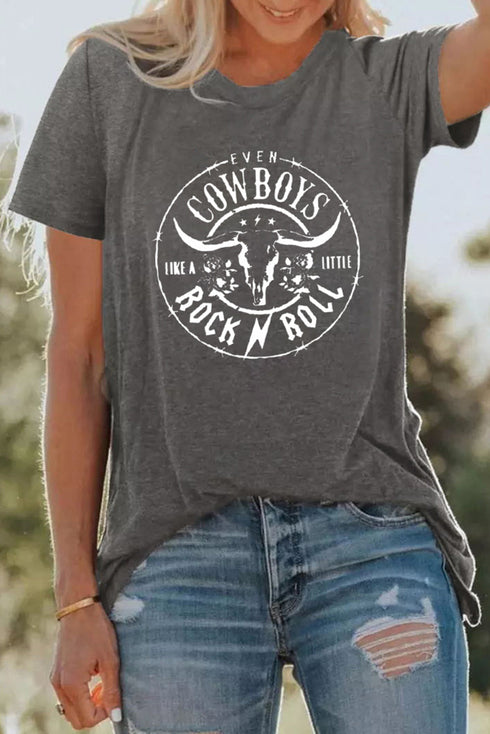 Gray Letter Steer Head Pattern Print Short Sleeve Graphic Tee