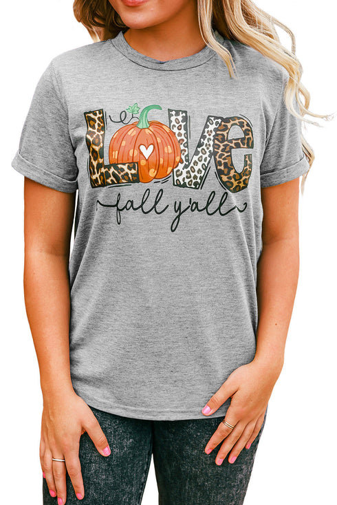 Gray Love Fall Y'All Pumkin Leopard T Shirt