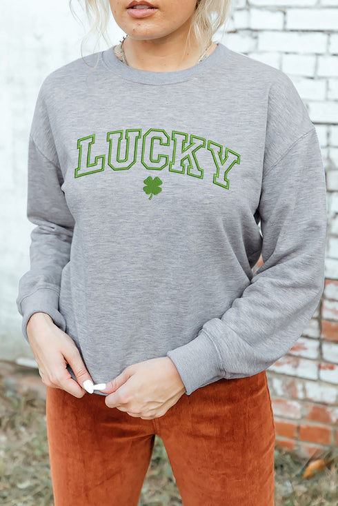 Gray Lucky Clover Embroidered Pullover Sweatshirt