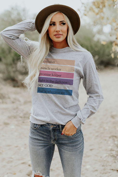 Gray May God Positive Words Print Long Sleeve Top