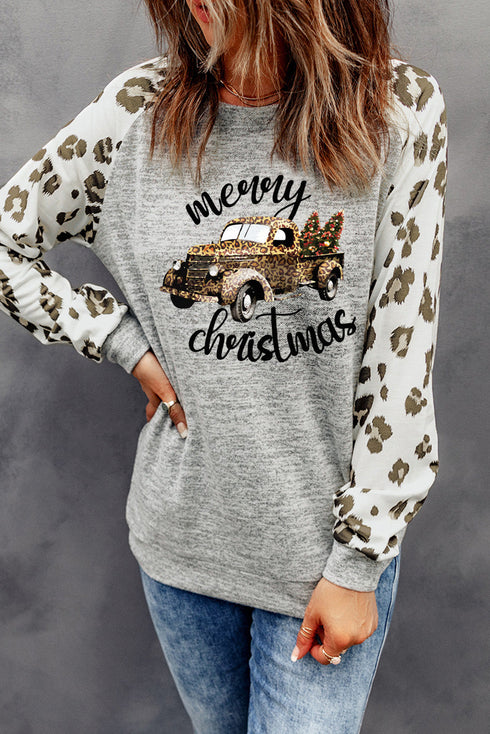 Gray Merry Christmas Leopard Truck Raglan Sleeve Top