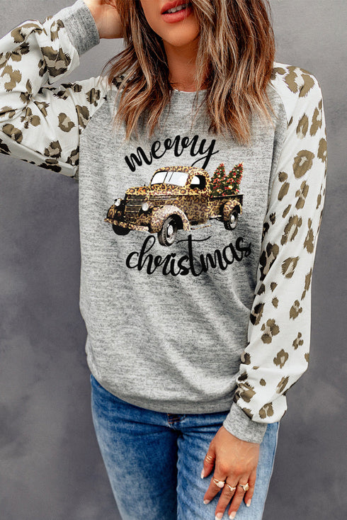 Gray Merry Christmas Leopard Truck Raglan Sleeve Top