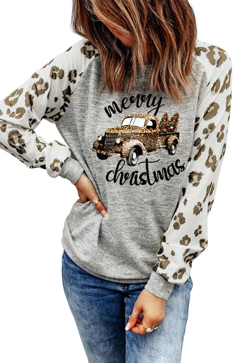 Gray Merry Christmas Leopard Truck Raglan Sleeve Top