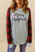 Gray Merry Christmas Plaid Color Block Long Sleeve Sweatshirt
