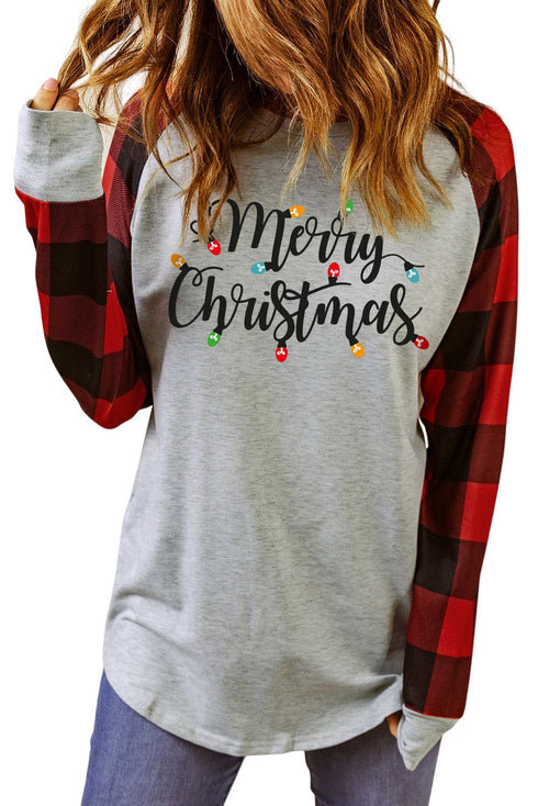 Gray Merry Christmas Plaid Color Block Long Sleeve Sweatshirt