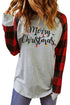 Gray Merry Christmas Plaid Color Block Long Sleeve Sweatshirt