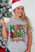 Gray Merry Christmas Tree Pattern Print Crew Neck Graphic Tee