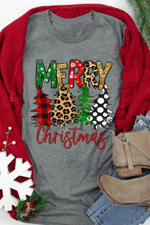 Gray Merry Christmas Tree Pattern Print Crew Neck Graphic Tee