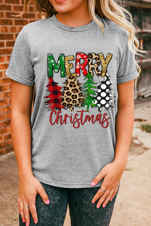 Gray Merry Christmas Tree Pattern Print Crew Neck Graphic Tee