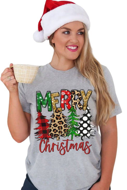 Gray Merry Christmas Tree Pattern Print Crew Neck Graphic Tee