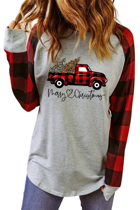 Gray Merry Christmas Truck Plaid Patchwork Pullover Sweatshirt