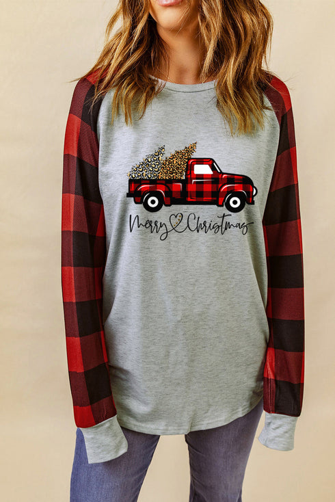 Gray Merry Christmas Truck Plaid Patchwork Pullover Sweatshirt