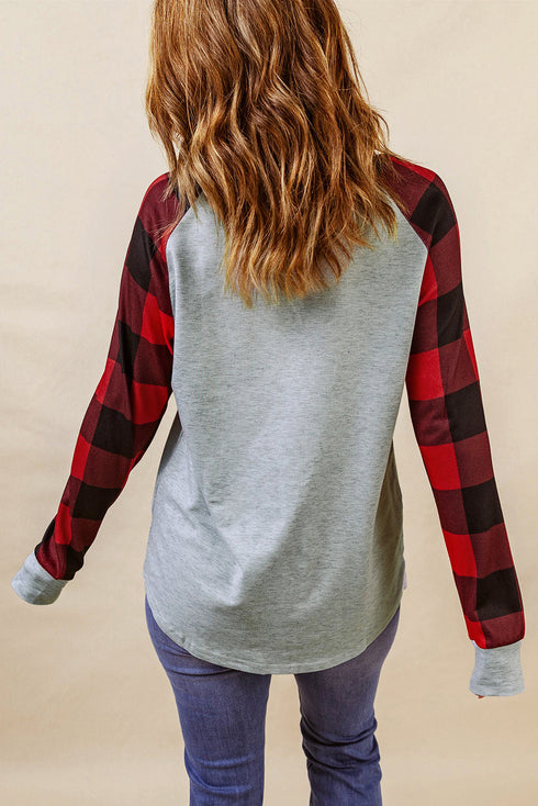 Gray Merry Christmas Truck Plaid Patchwork Pullover Sweatshirt