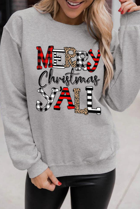 Gray Merry Christmas Y'All Crewneck Pullover Sweatshirt
