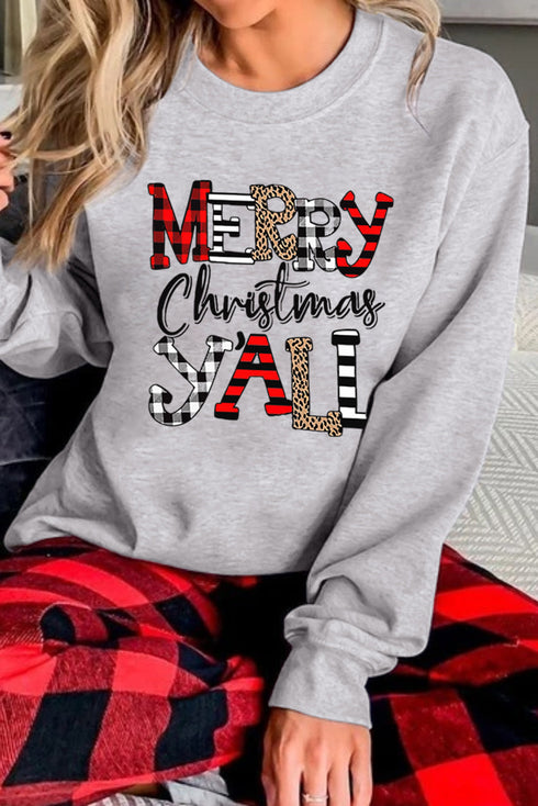 Gray Merry Christmas Y'All Crewneck Pullover Sweatshirt