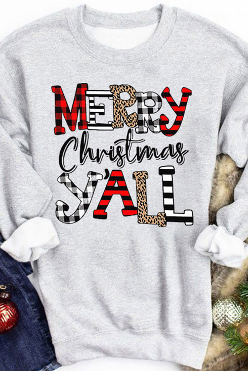 Gray Merry Christmas Y'All Crewneck Pullover Sweatshirt