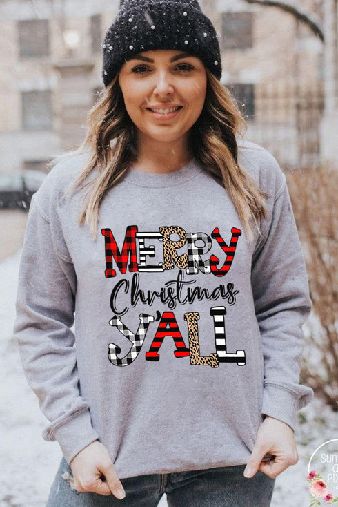 Gray Merry Christmas Y'All Crewneck Pullover Sweatshirt