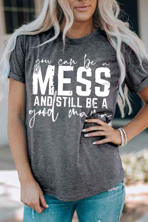 Gray Mess Letter Print Short Sleeve Graphic Tee