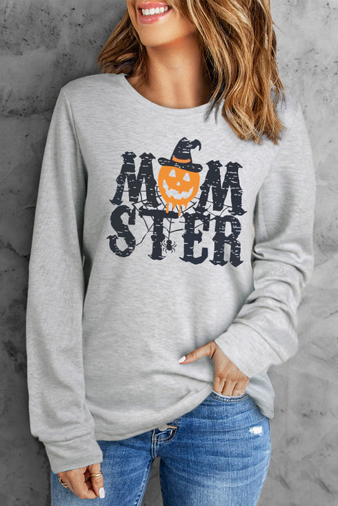 Gray Mom Ster Pumpkin Graphic Print Crew Neck Top