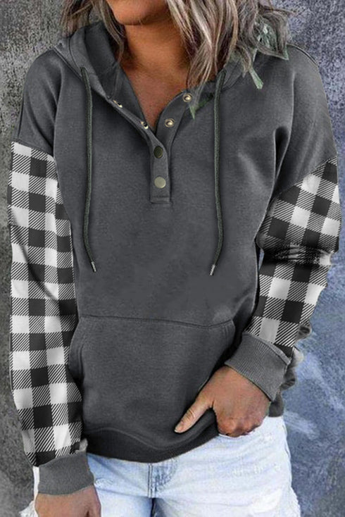 Gray Plaid Snap Button Pullover Hoodie With Pocket