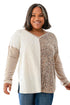 Gray Plus Size Leopard Patchwork Mix Knit Long Sleeve Top
