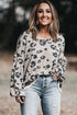 Gray Printed Leopard Balloon Sleeve Thermal Knit Plus Size Top