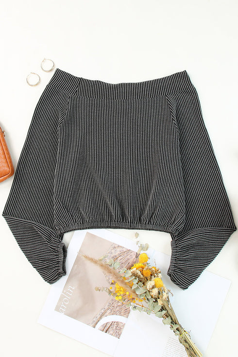 Gray Ribbed Knit Off-Shoulder Balloon Sleeve Top