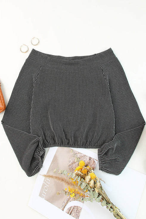 Gray Ribbed Knit Off-Shoulder Balloon Sleeve Top