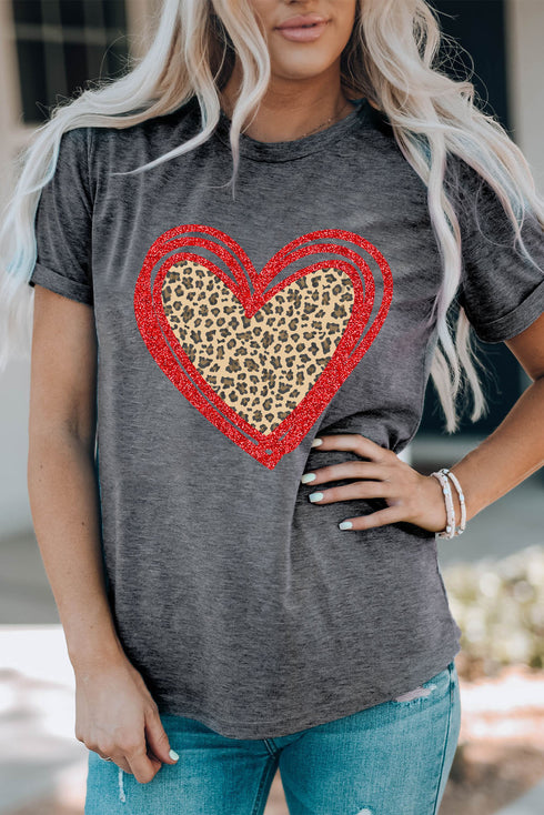 Gray Sequin Leopard Heart Graphic T-Shirt