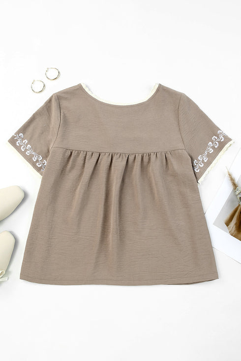 Gray Short Sleeve Embroidered Blouse