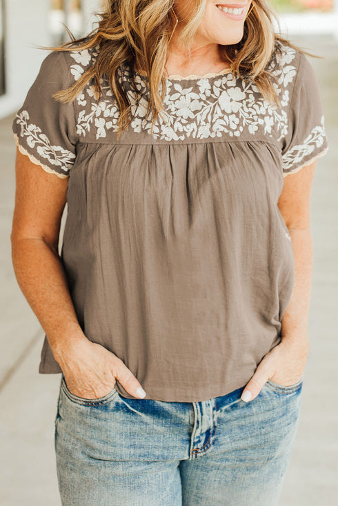 Gray Short Sleeve Embroidered Blouse